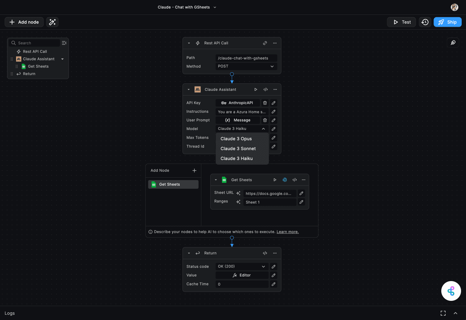 Claude Assistant Node Inputs